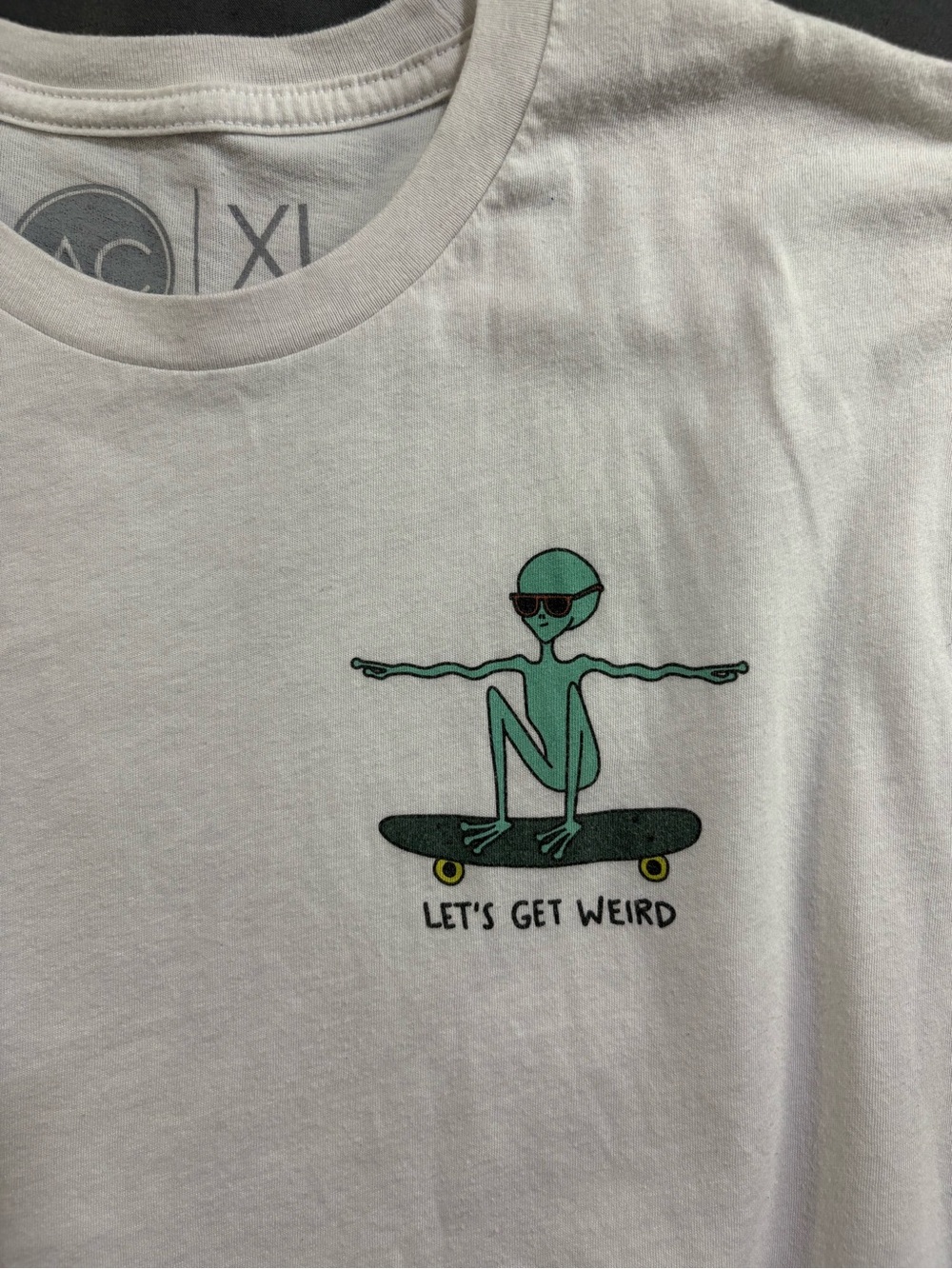 Kids Short Sleeve Tee - 'Let's Get Weird' Alien Skate Graphic - White/Green